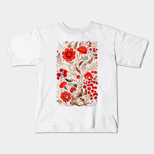 Red and Gold Flower Design Kids T-Shirt by Mistywisp